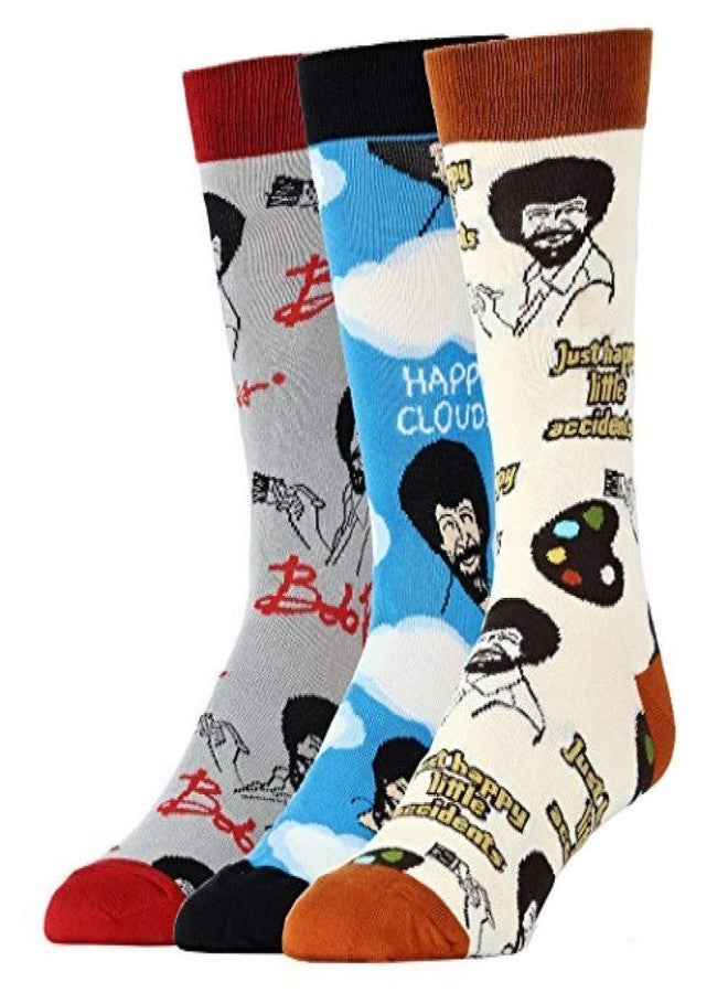 ooohyeah Men's 3 Pairs Bob Ross Novelty Funny Crew Socks, Fun Crazy Casual Dress Cotton Socks, Size 10-13